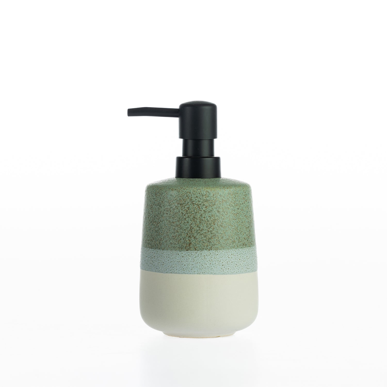 Design Republique Kaikoura Fade soap dispenser crafted from stoneware with a speckled reactive glaze, layered green and cream finish, and black pump dispenser.