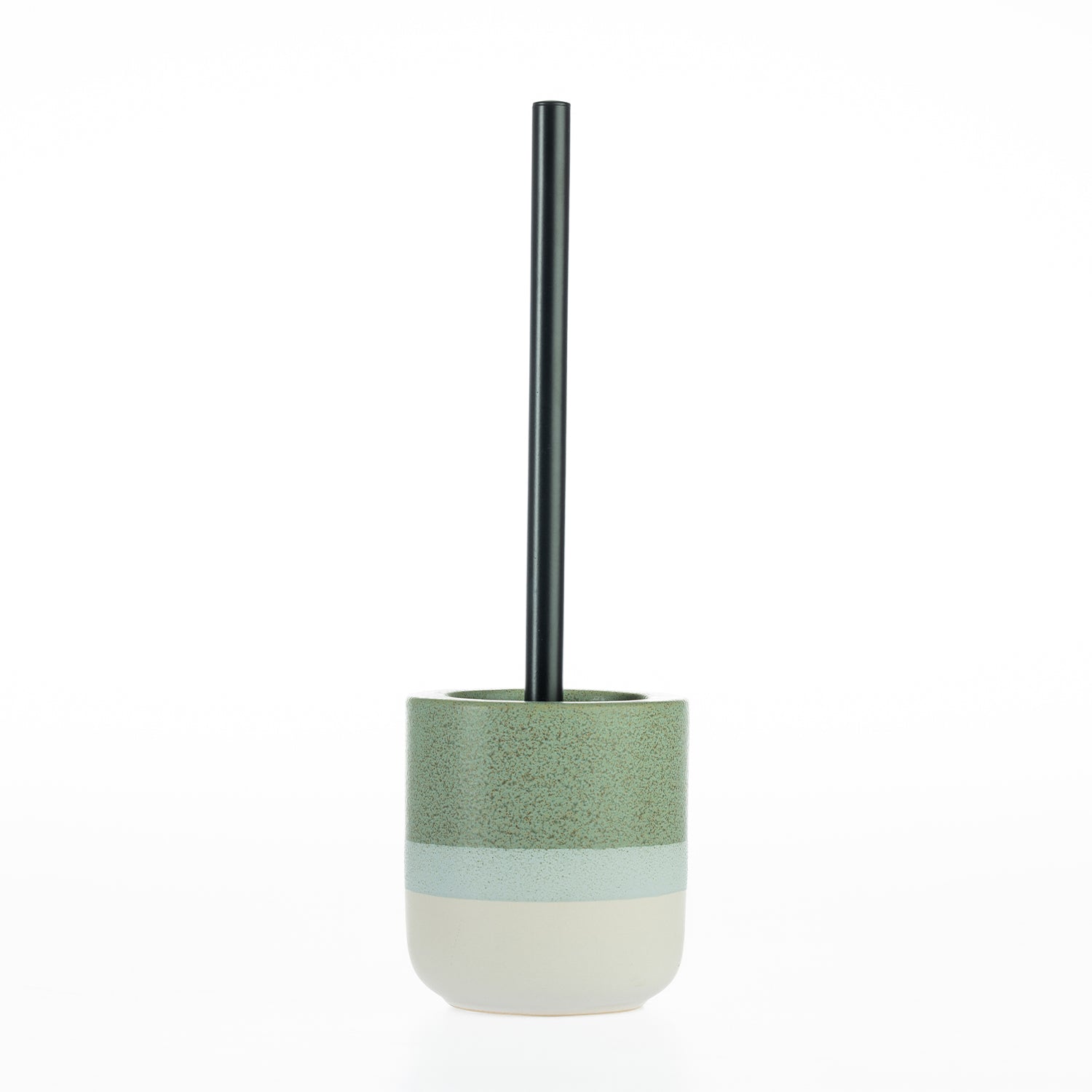 Design Republique Kaikoura Fade toilet brush holder featuring a stoneware construction with a speckled reactive glaze, layered green and cream finish, and coordinating handle.
