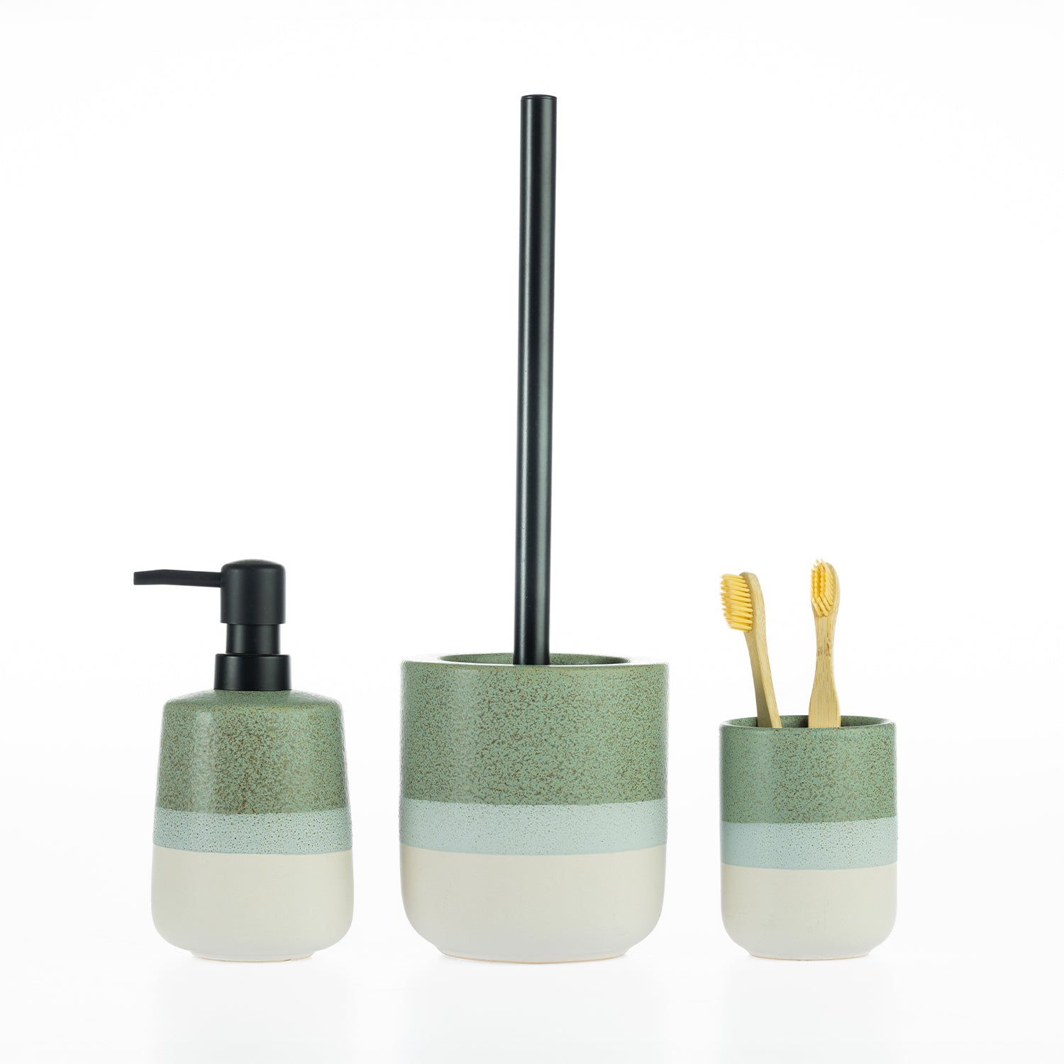 Design Republique Kaikoura Fade bathroom accessories collection featuring a matching soap dispenser, toilet brush holder and tumbler in a contemporary stoneware design with a soft speckled glaze and layered tonal finish.