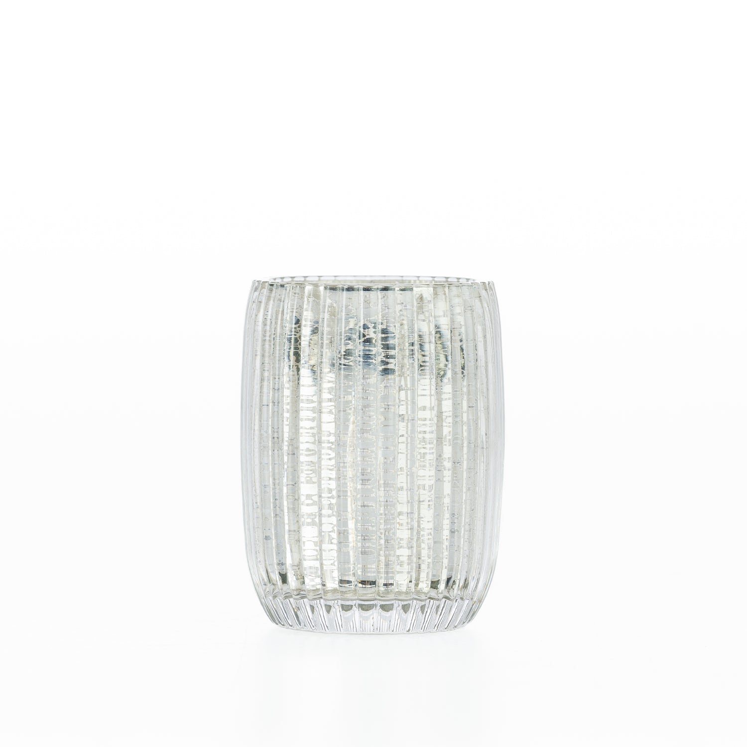 Design Republique Raya Gold Glass Tumbler with a ribbed mercury-effect glass finish and cylindrical silhouette.