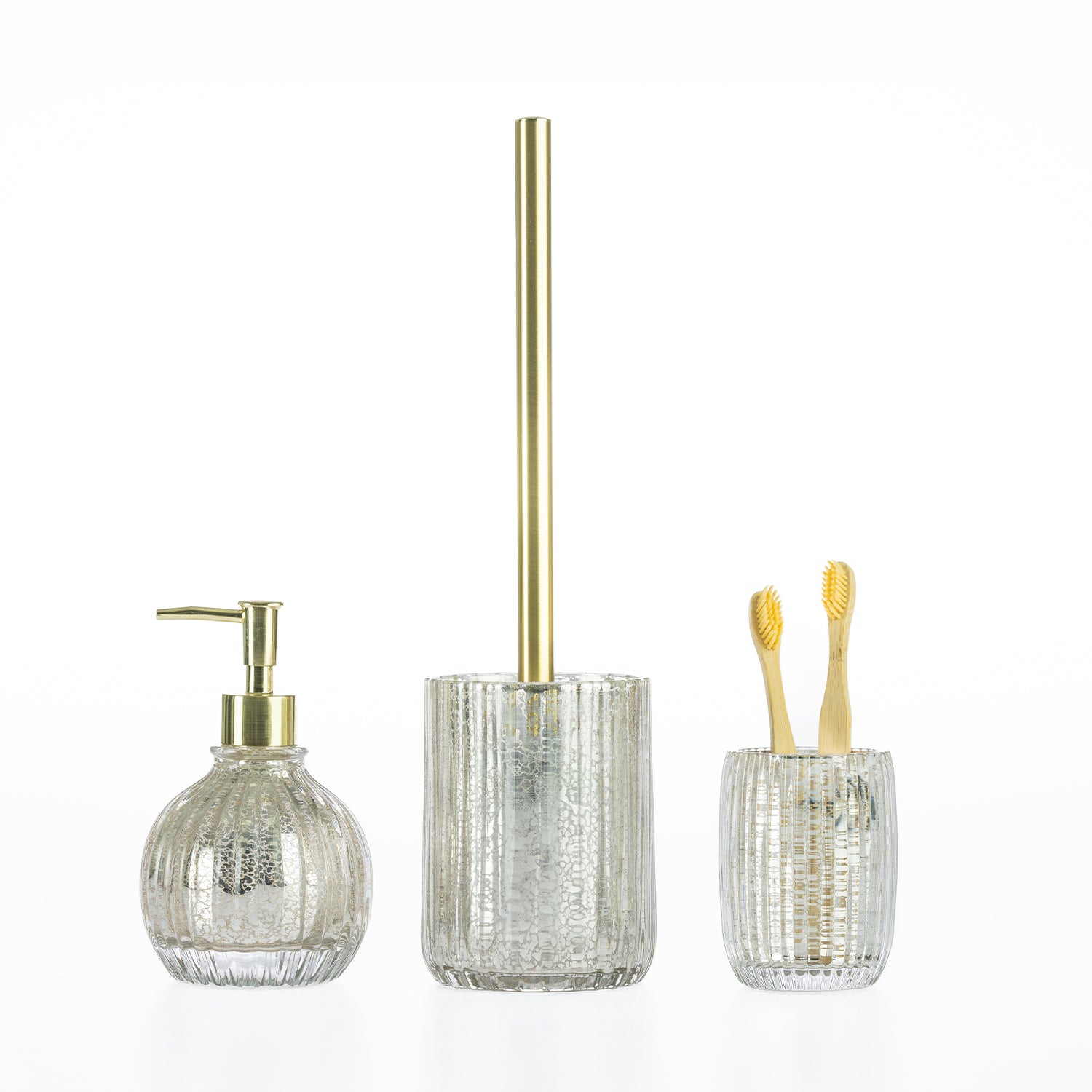 Coordinated Design Republique Raya Gold Glass bathroom accessory set including a soap dispenser, toilet brush holder, and tumbler with matching ribbed glass and gold accents.