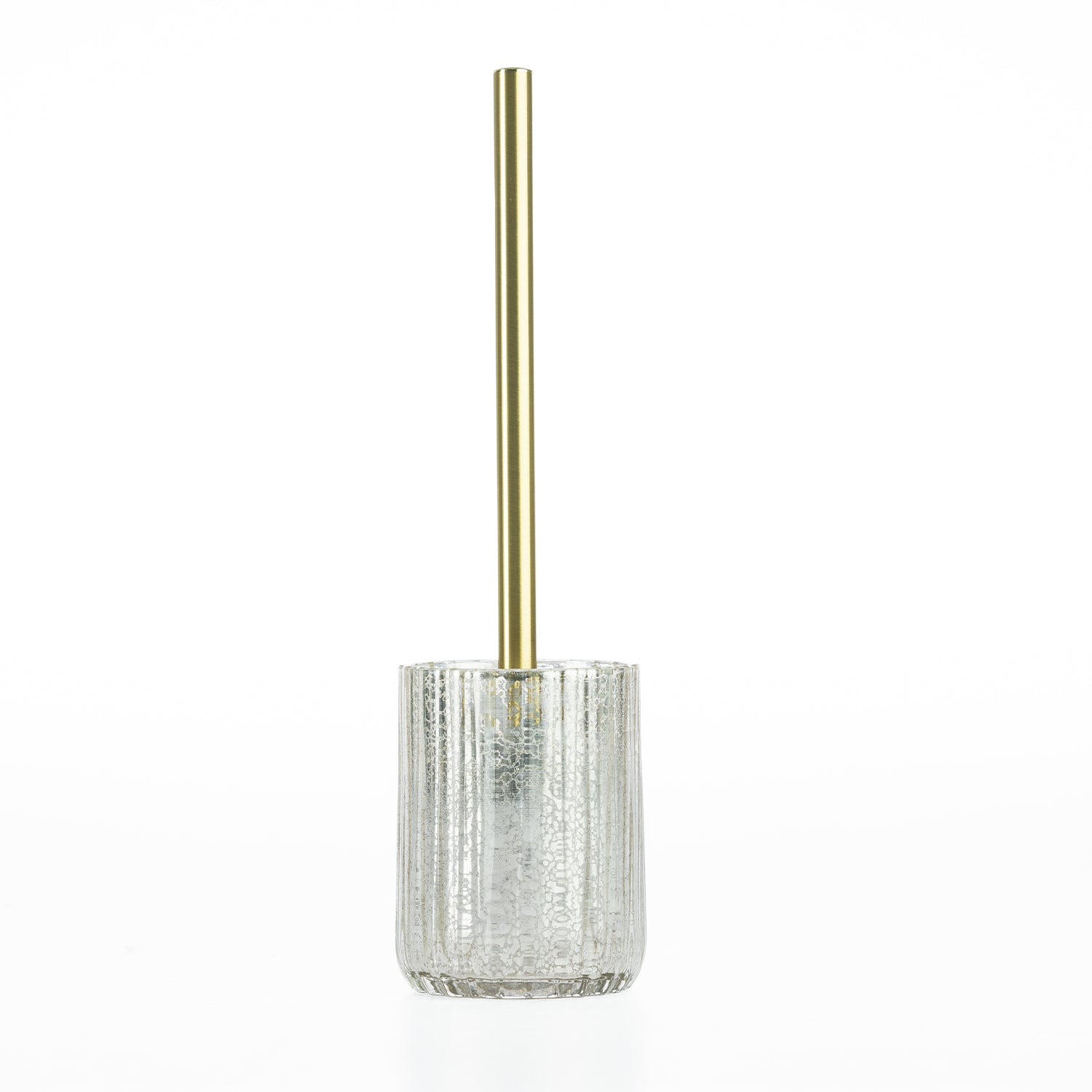 Design Republique Raya Gold Glass Toilet Brush Holder with a ribbed mercury-effect glass holder and brushed gold handle.