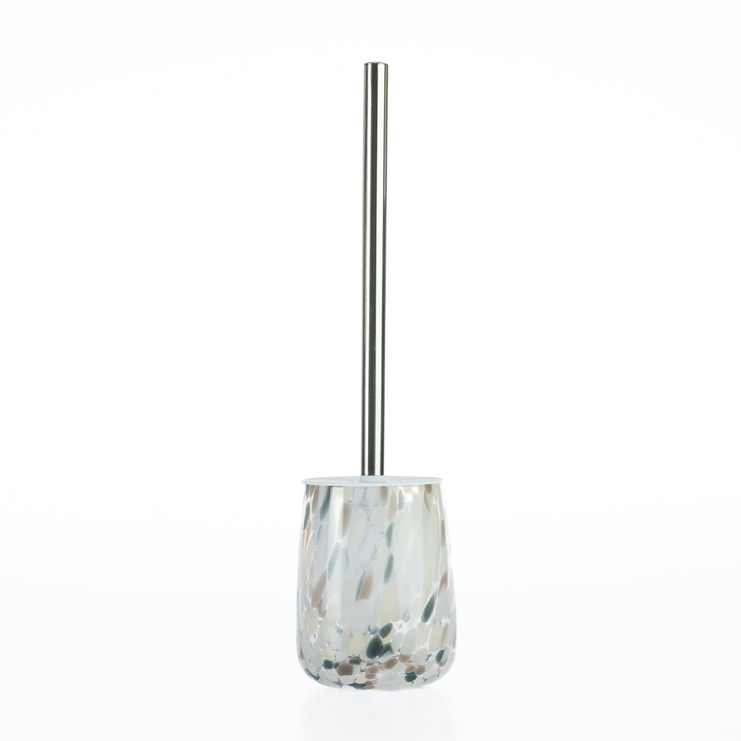 Charcoal speckled glass toilet brush holder with a polished chrome handle and coordinating cover.