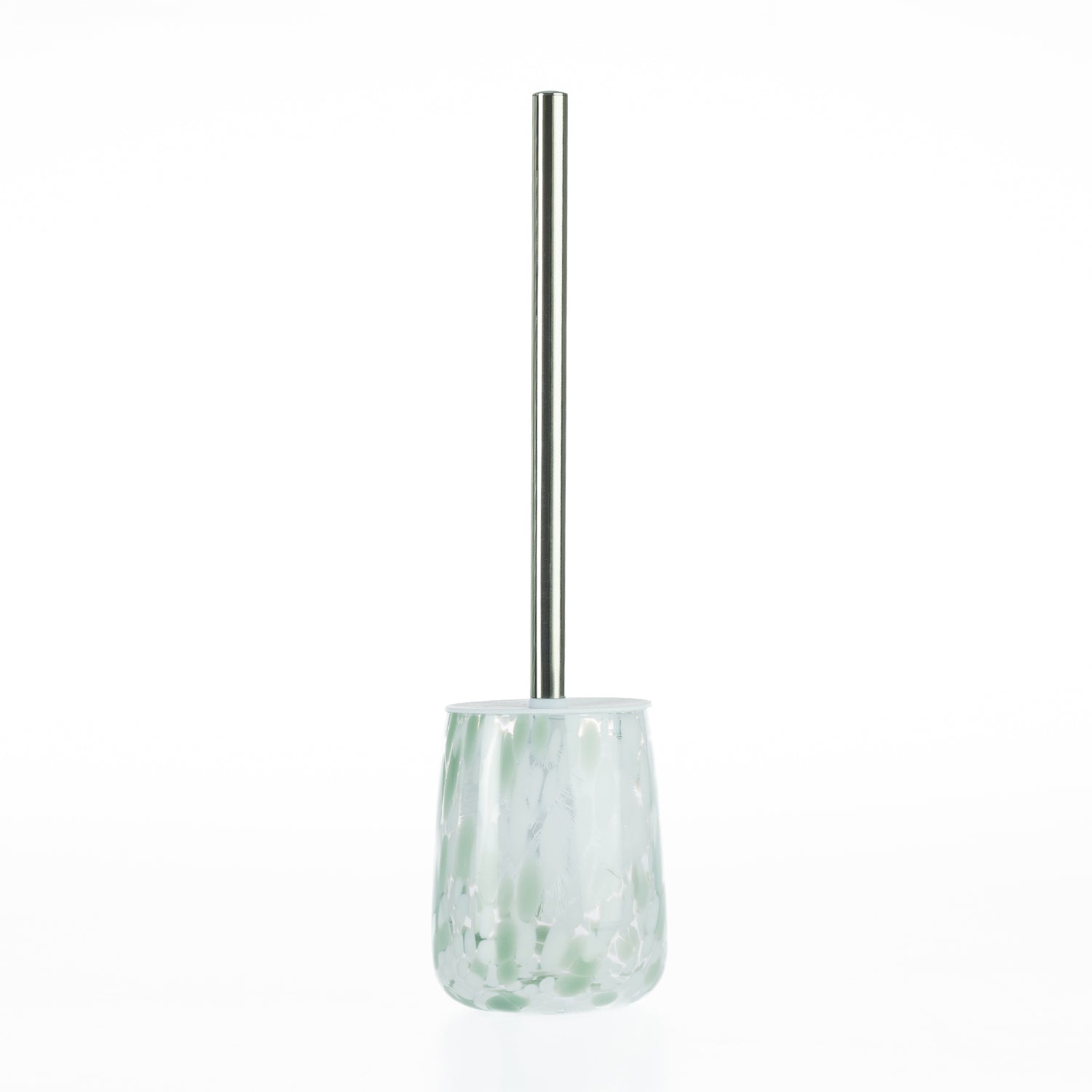 Sea mist speckled glass toilet brush holder with a polished chrome handle and coordinating cover.