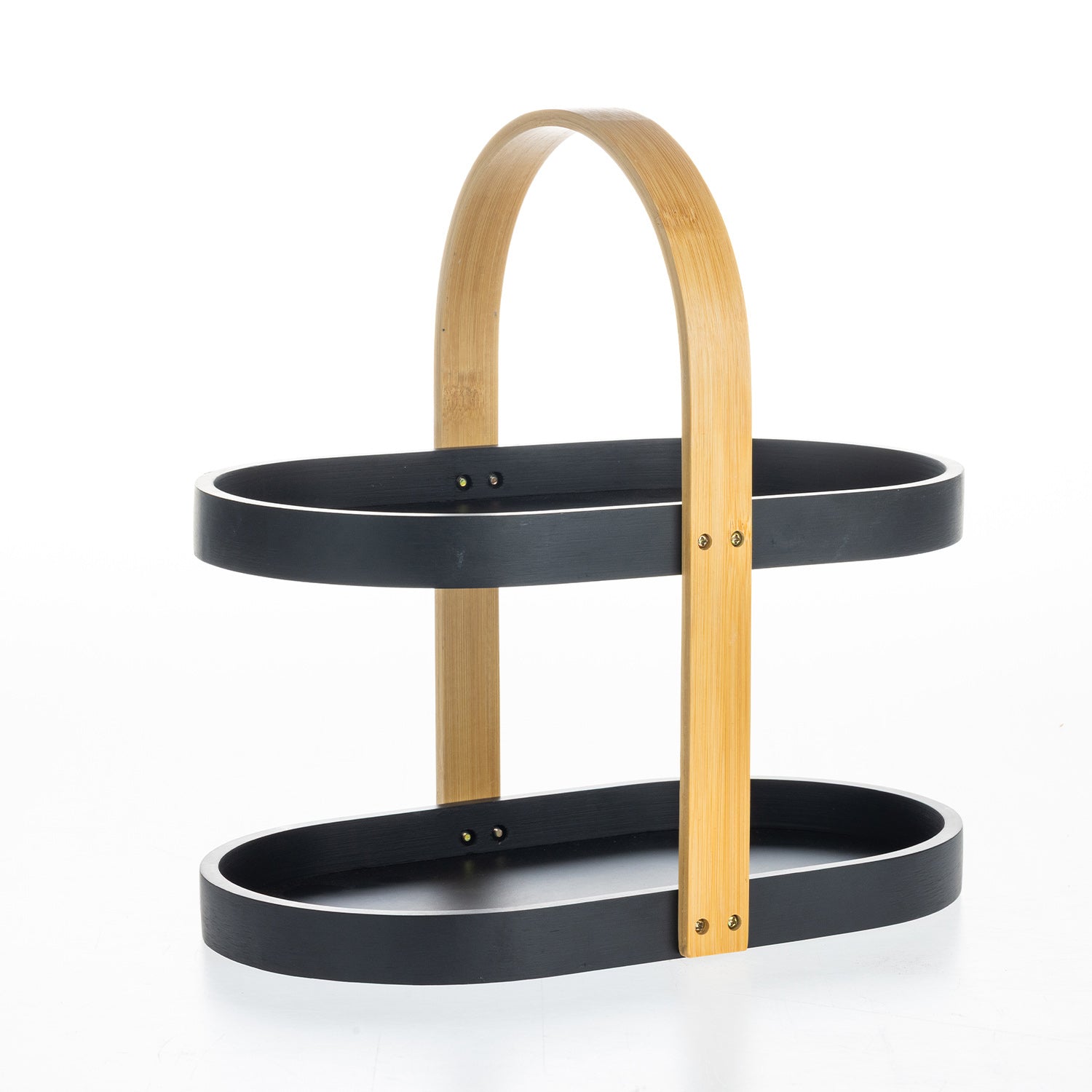 Empty black two-tier bathroom storage caddy with a bamboo carry handle.
