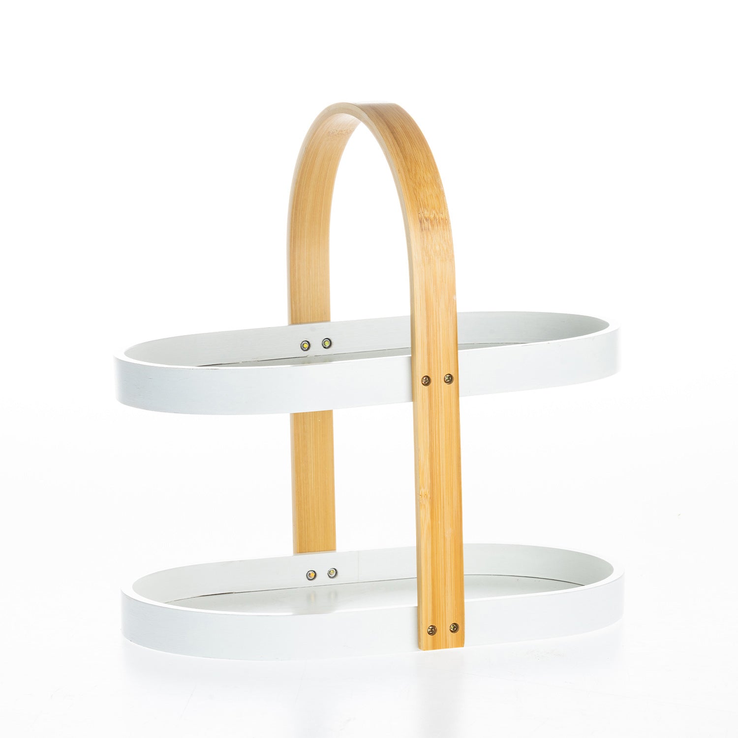 Empty white two-tier bathroom storage caddy with a bamboo carry handle.