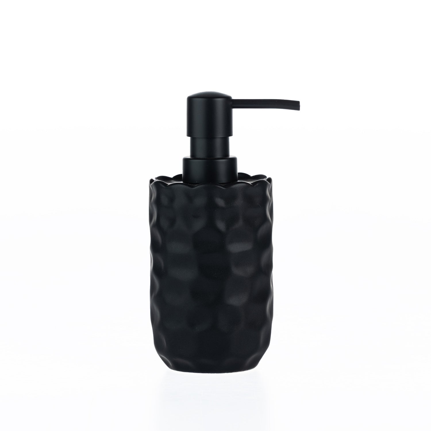 A matte black soap dispenser featuring a softly textured, scalloped stoneware body and sleek black pump.