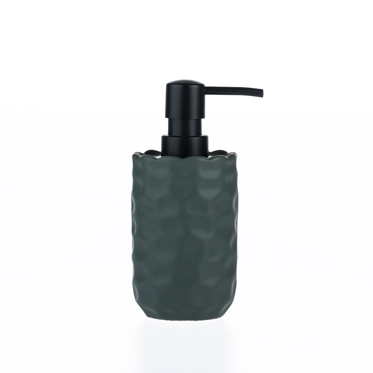 A matte forest green soap dispenser featuring a softly textured, scalloped stoneware body and sleek black pump.