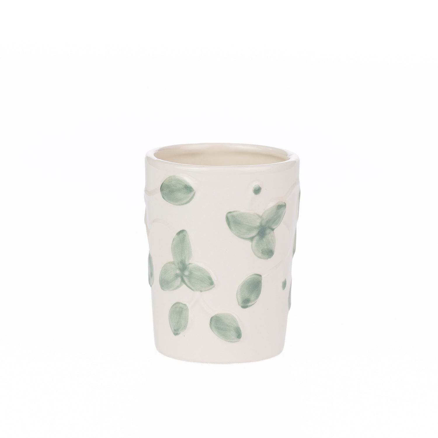 Ceramic Gracious Living Irina Floral Toothbrush Holder in Ivory with a soft green floral pattern, holding two natural bamboo toothbrushes.