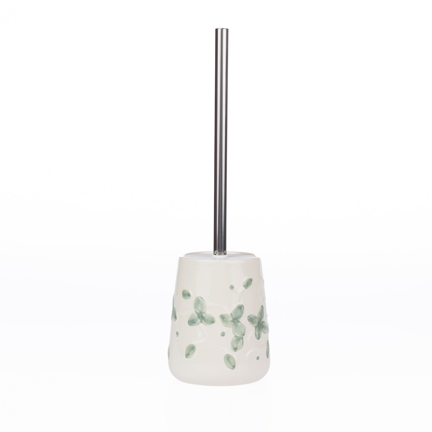 Gracious Living Irina Floral Toilet Brush Holder in Ivory, featuring a glossy ceramic holder with a soft green floral pattern and a polished stainless steel toilet brush handle.