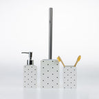 Design Republique Spotty Ceramic Bathroom Accessories in White, featuring a coordinating soap dispenser, toilet brush holder and tumbler with black spot detailing.