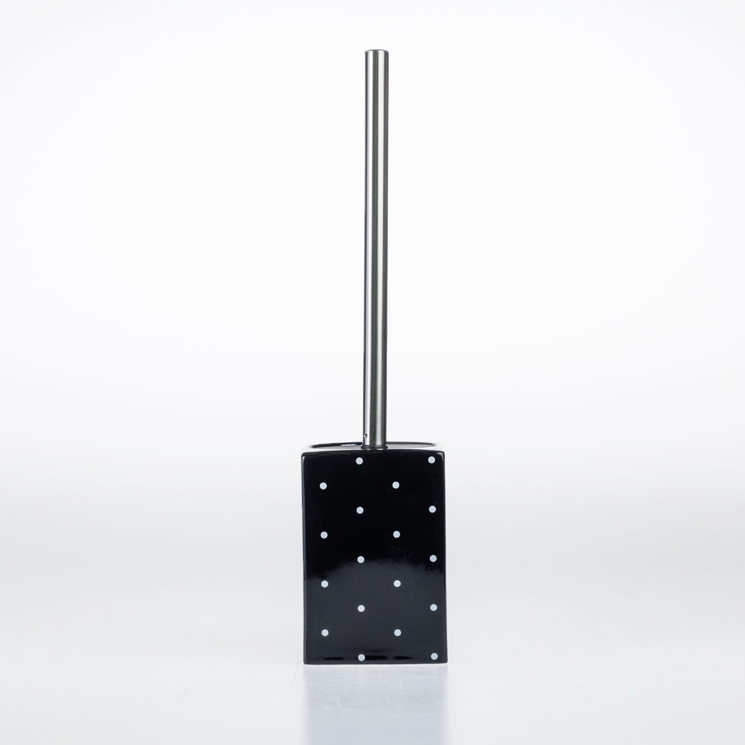 Design Republique Spotty Ceramic Toilet Brush Holder in Black with white dot detailing and a chrome-look handle.