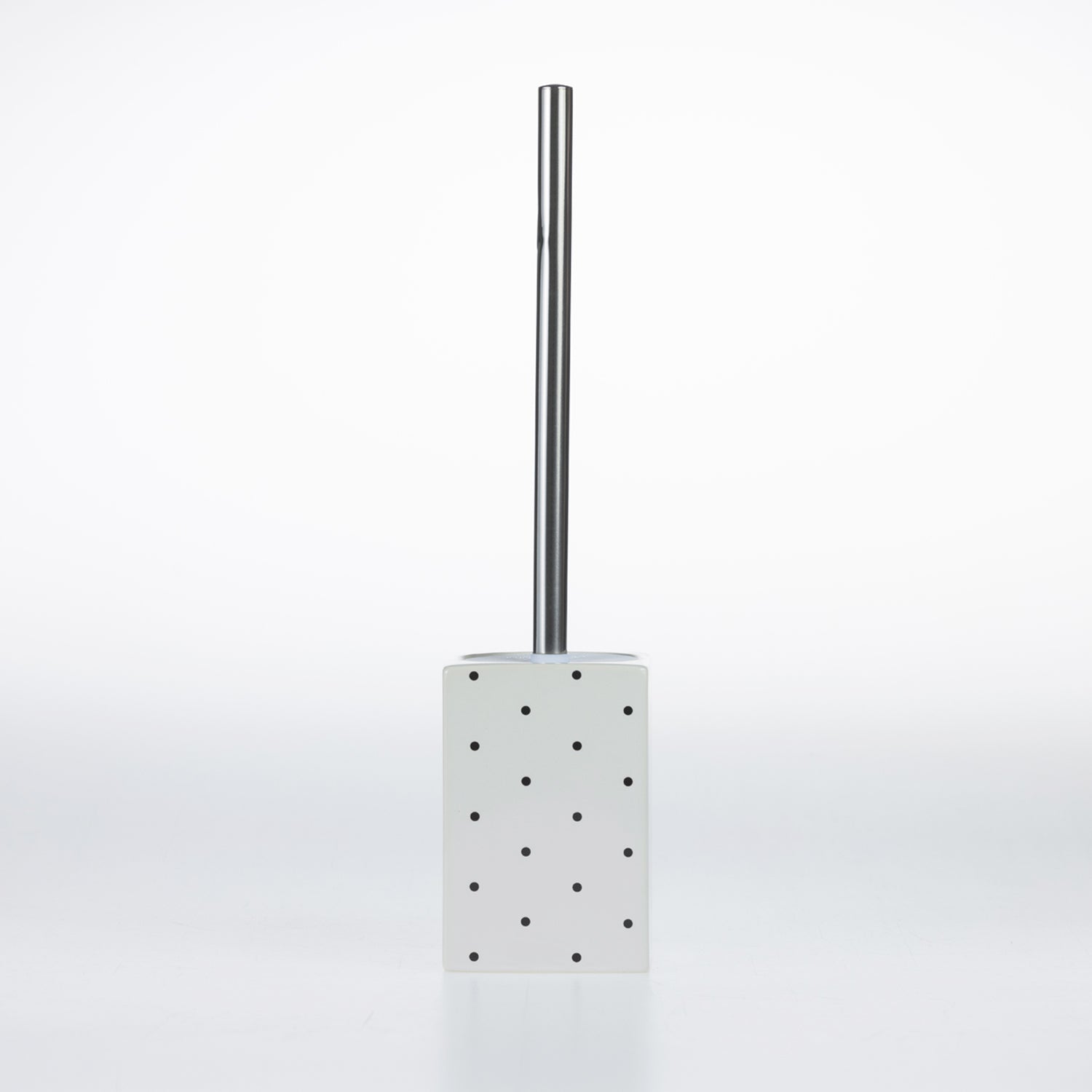 Design Republique Spotty Ceramic Toilet Brush Holder in White with black dot detailing and a chrome-look handle.