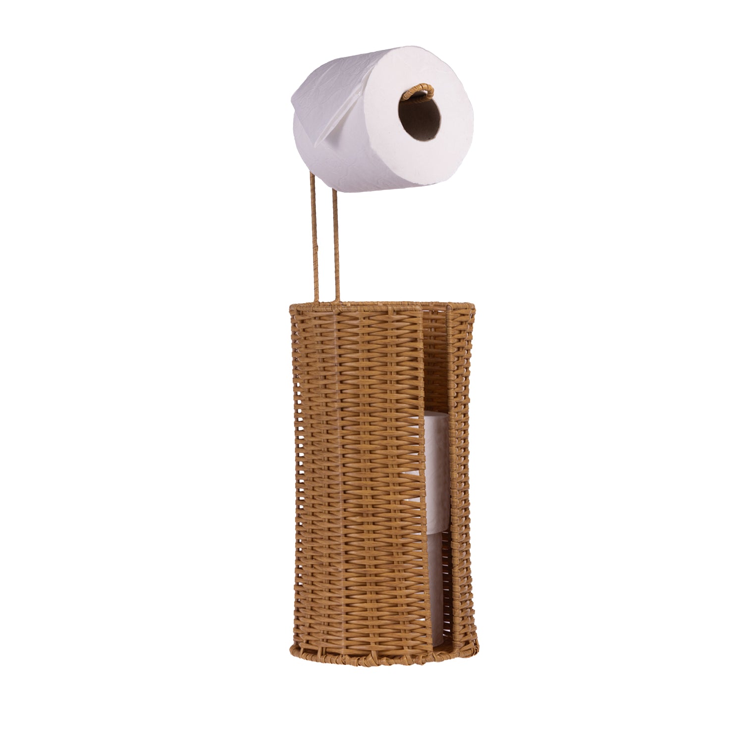 Design Republique Trilby Toilet Roll Holder in Natural shown holding toilet rolls, with storage space for additional rolls below.