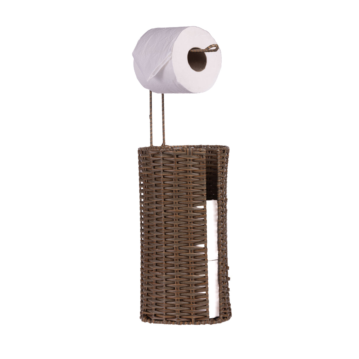 Design Republique Trilby Toilet Roll Holder in Tan shown holding toilet rolls, with storage space for additional rolls below.