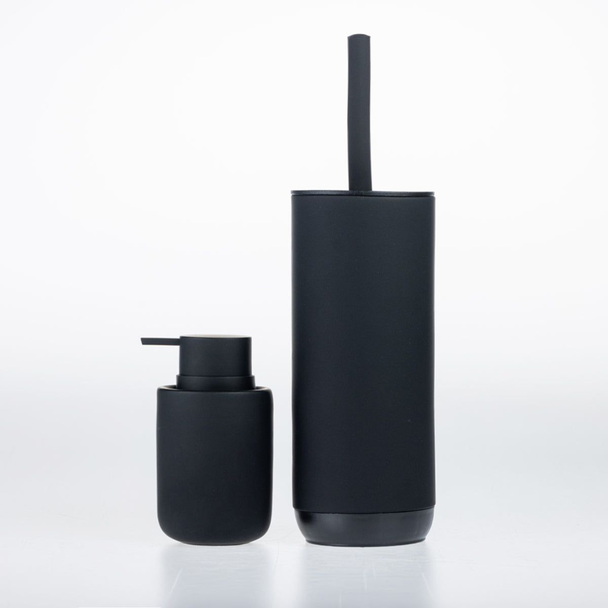 Solace Astrid bathroom accessories in Black, featuring a matching soap dispenser and toilet brush holder.