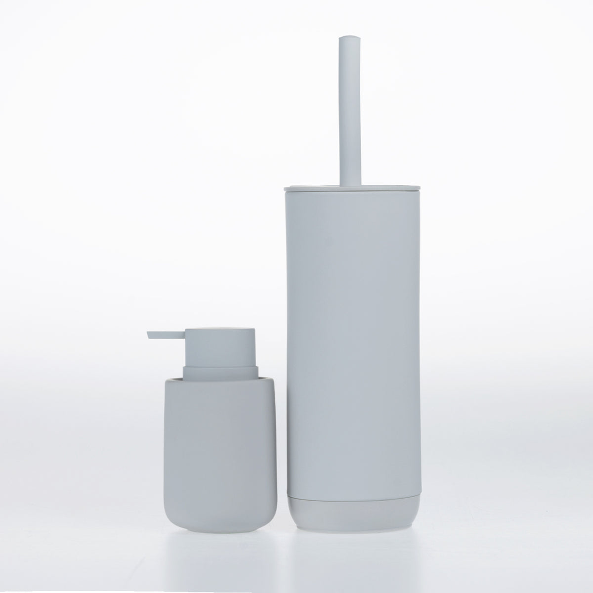 Solace Astrid bathroom accessories in Dove, featuring a matching soap dispenser and toilet brush holder.