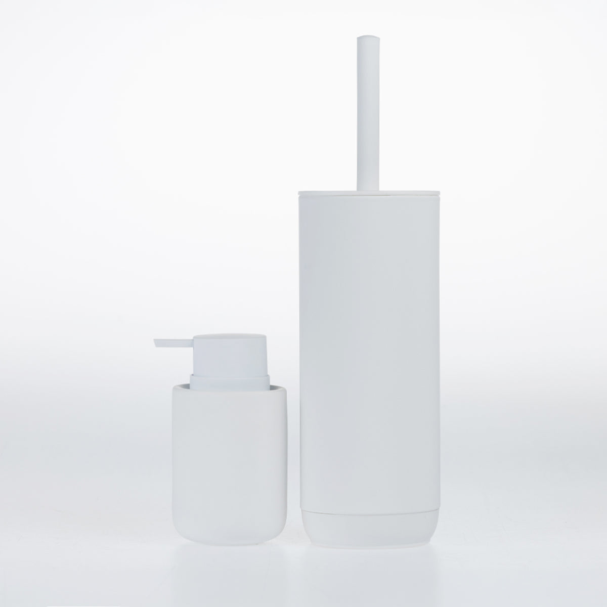 Solace Astrid bathroom accessories in White, featuring a coordinating soap dispenser and toilet brush holder.