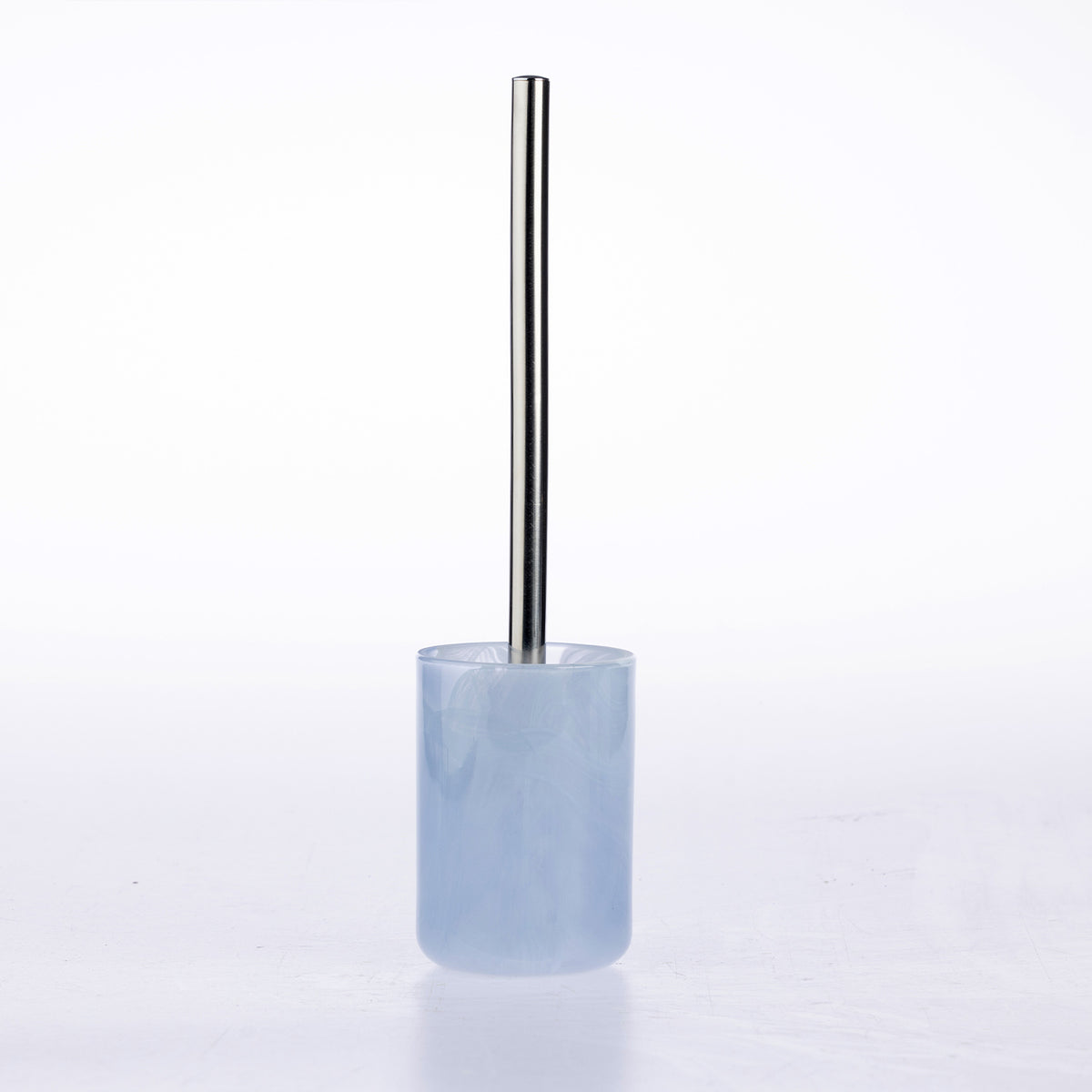 A modern toilet brush with a brushed silver metal handle and a translucent light blue acrylic base, shown on a clean white background.
