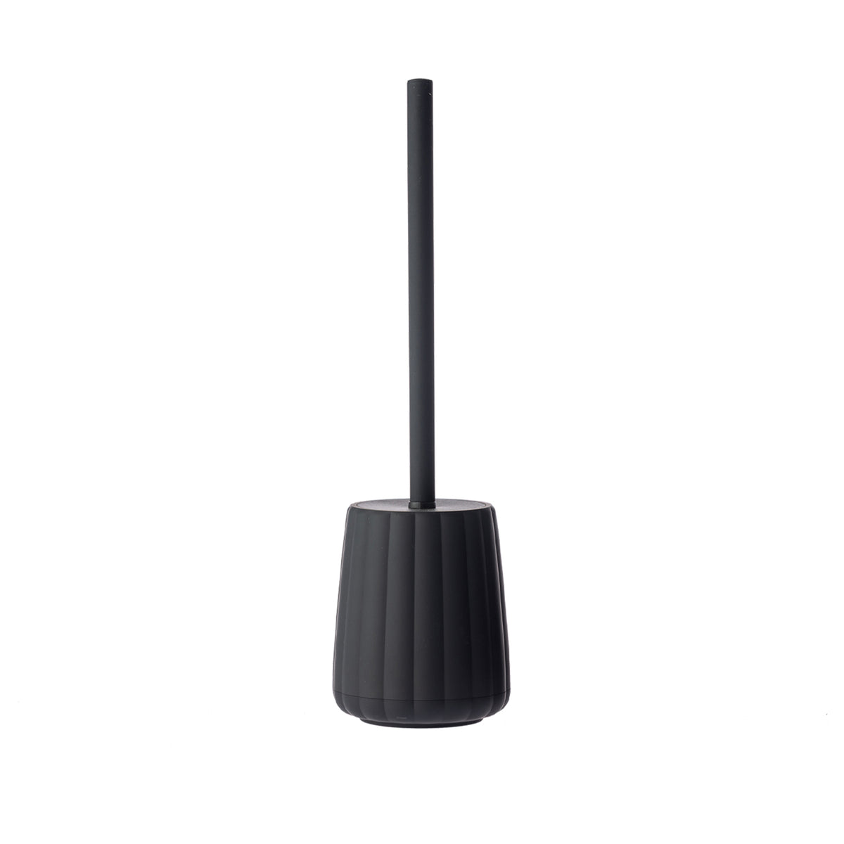 Solace Asti Soft Touch Toilet Brush Holder in black, featuring a ribbed rounded holder with a long black handle.