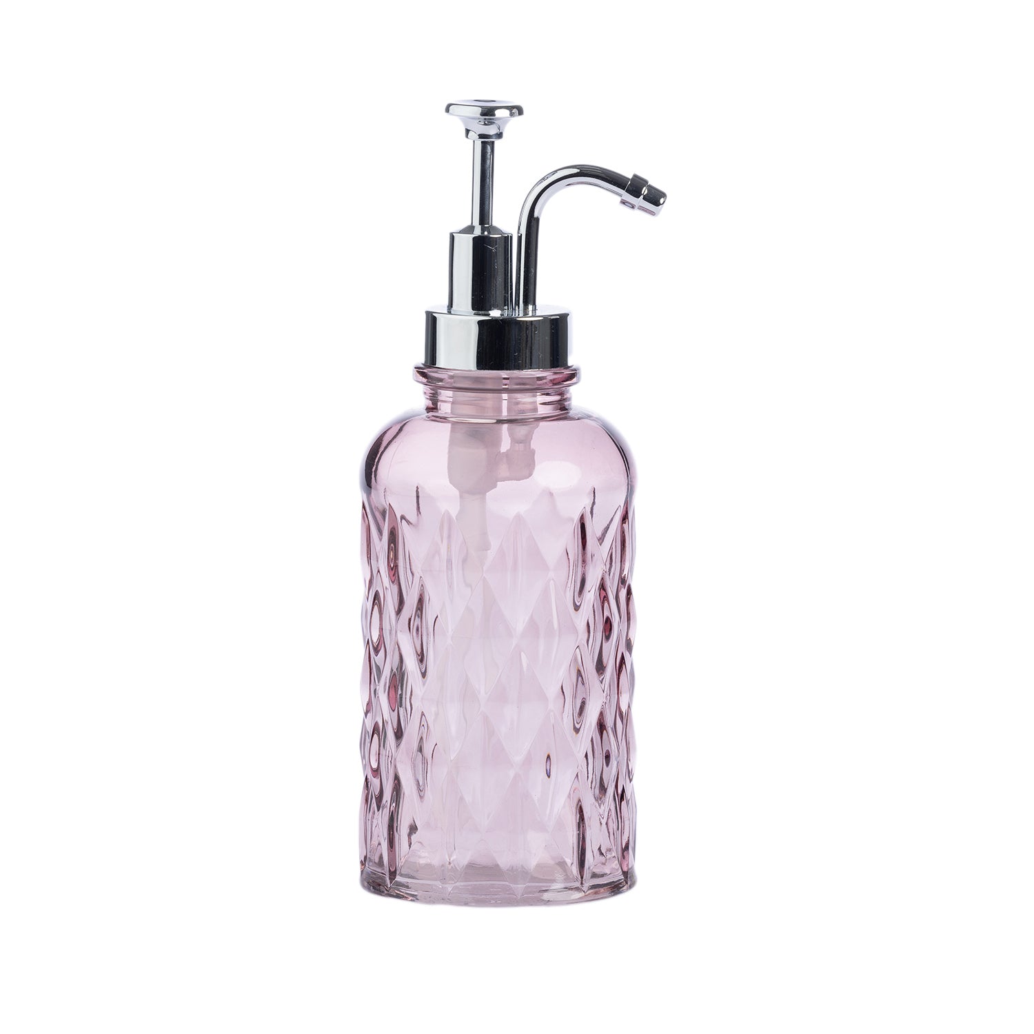A pink textured glass soap dispenser with a shiny silver metal pump, shown against a plain white background.