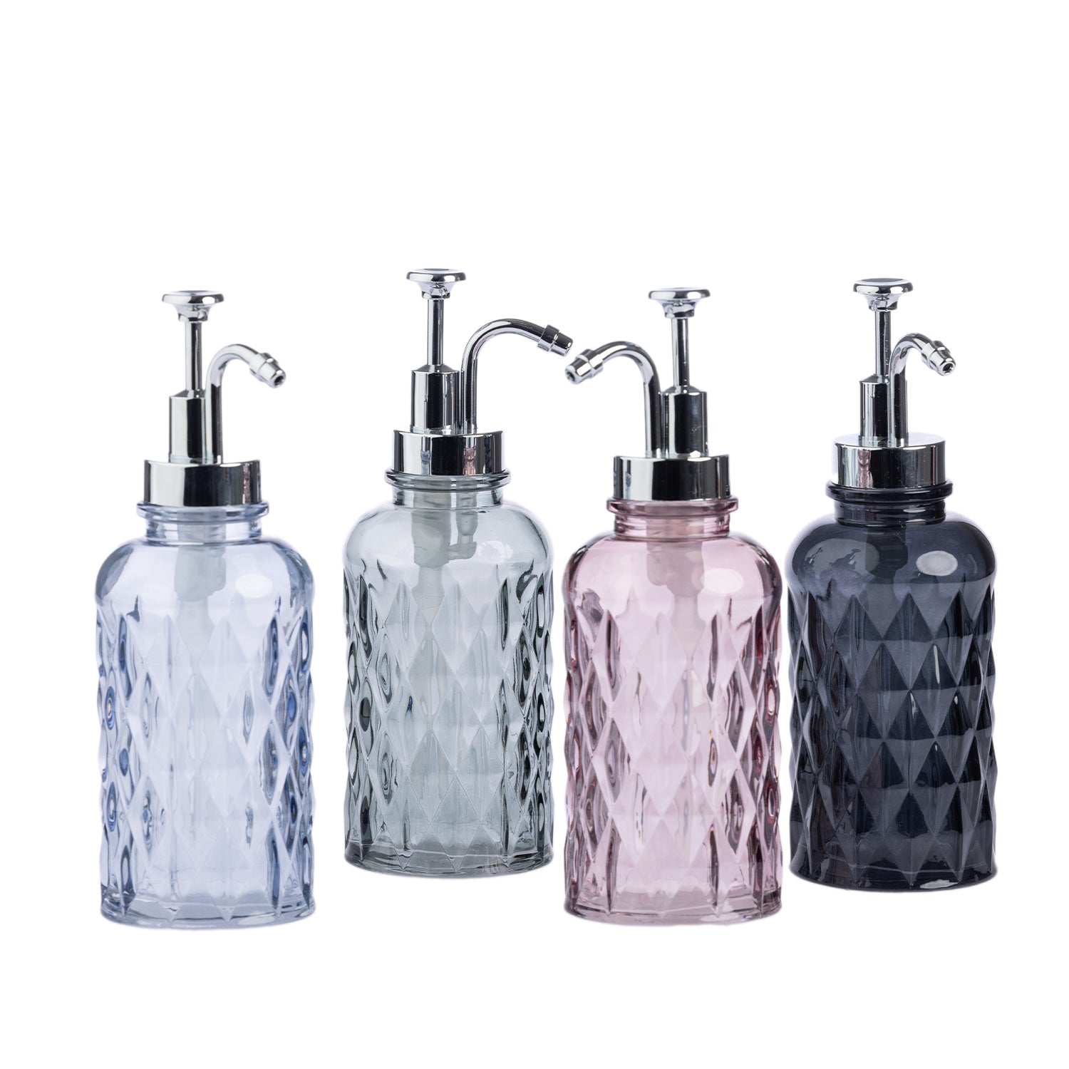Four textured glass soap or lotion dispensers with silver pump bottles in light blue, gray, pink, and dark charcoal, arranged on a white background.