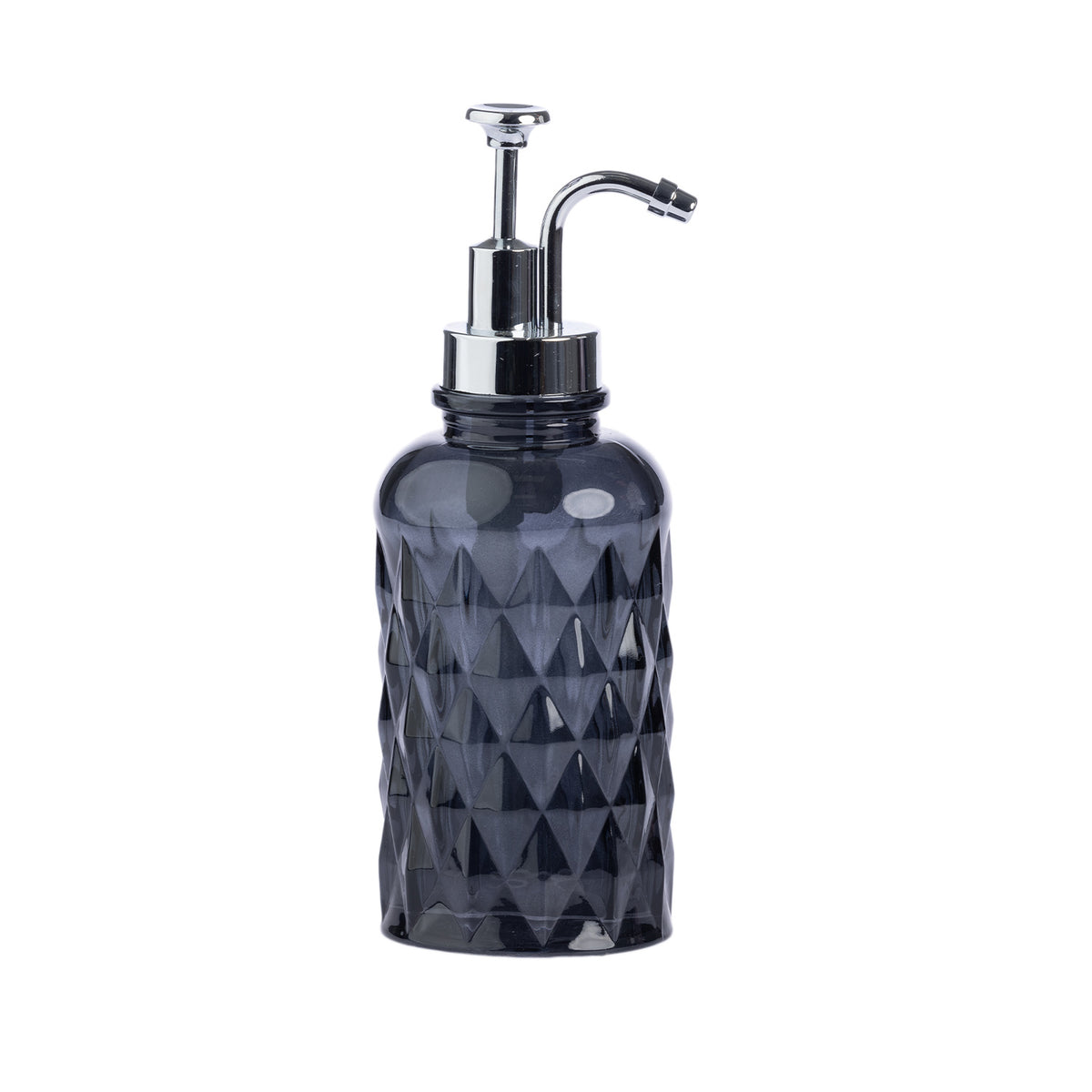 A dark gray textured glass dispenser bottle with a shiny chrome pump, shown against a plain white background.