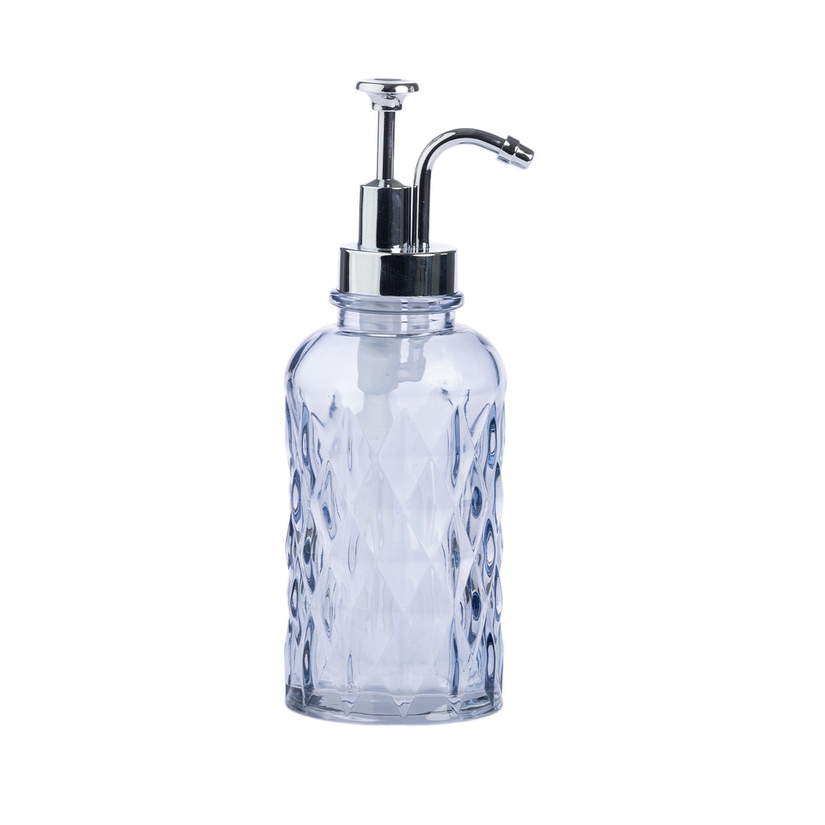 A clear textured glass soap dispenser bottle with a shiny silver metal pump, shown against a plain white background.