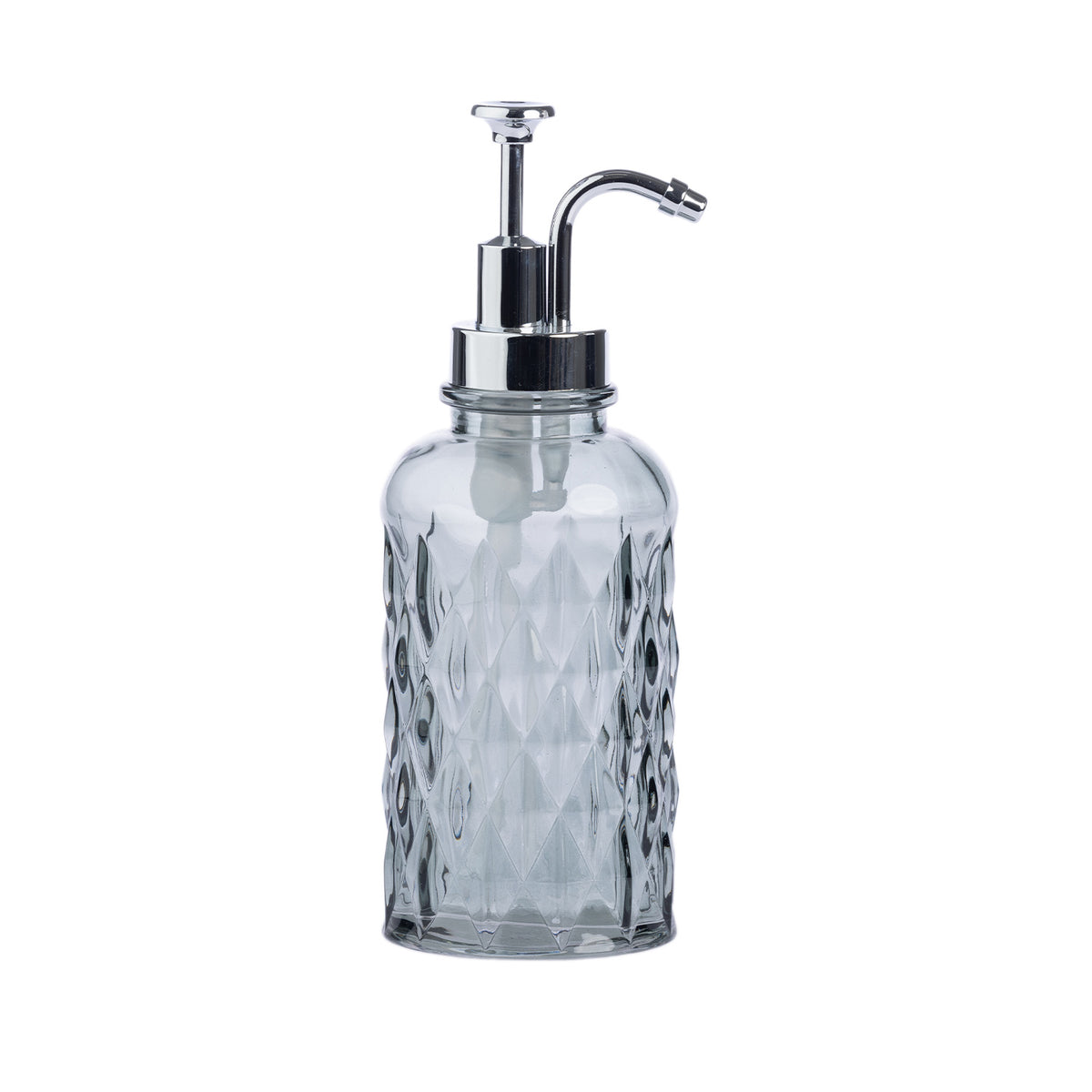 A clear textured glass soap dispenser bottle with a polished chrome pump and curved spout, shown on a solid white background.