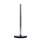 A modern kitchen paper towel holder with a slim, brushed stainless steel vertical rod and a circular black base with a scalloped edge, shown on a solid white background.