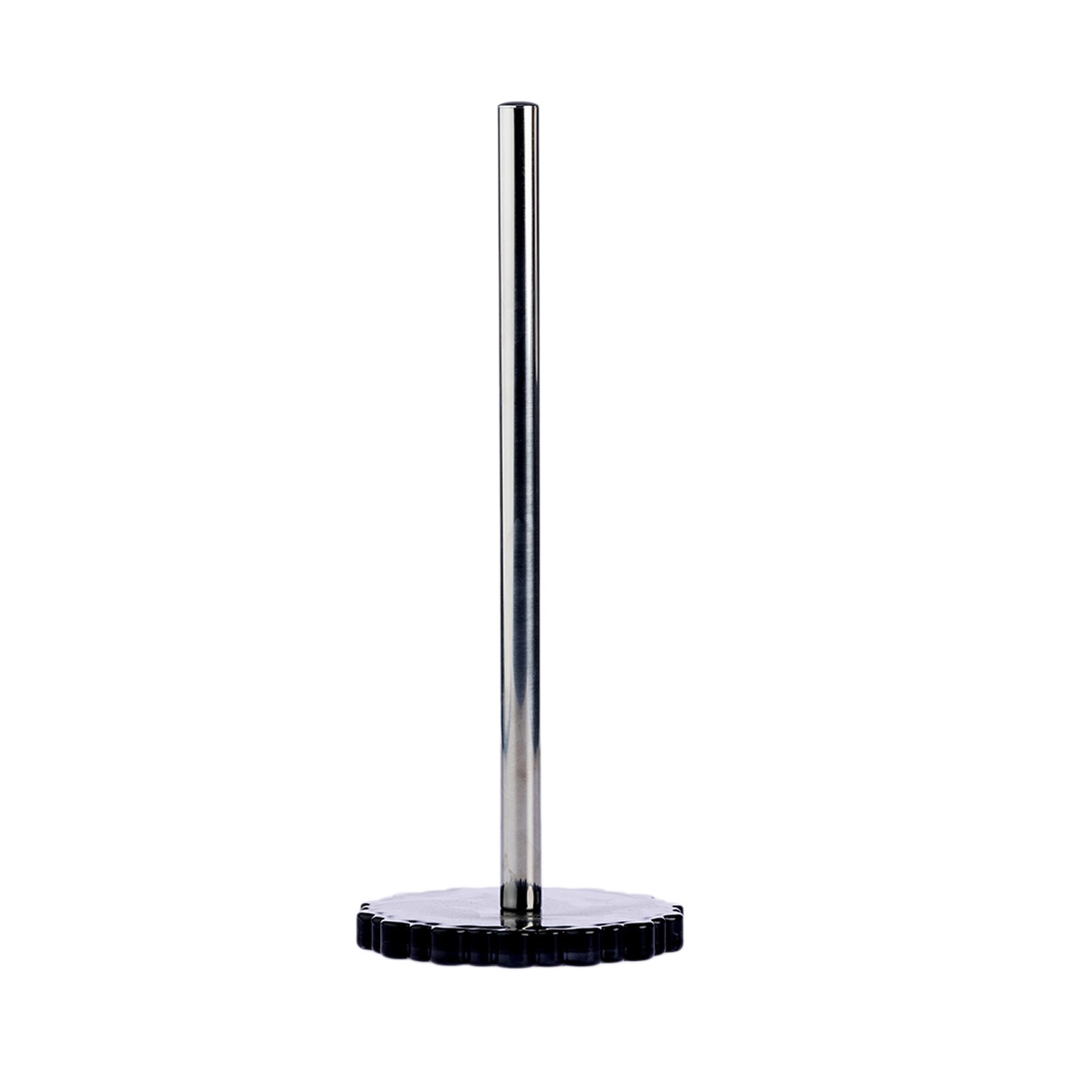 A modern kitchen paper towel holder with a slim, brushed stainless steel vertical rod and a circular black base with a scalloped edge, shown on a solid white background.