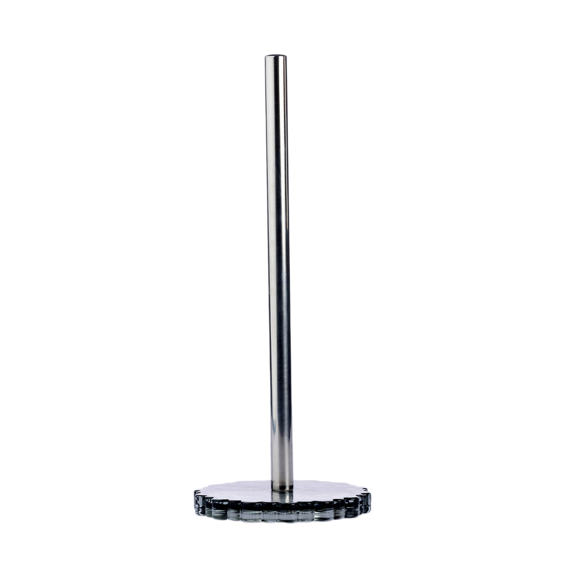 A modern, minimalist metallic paper towel holder with a slim vertical chrome stand and a circular base featuring a dark, textured outer edge, isolated on a white background.