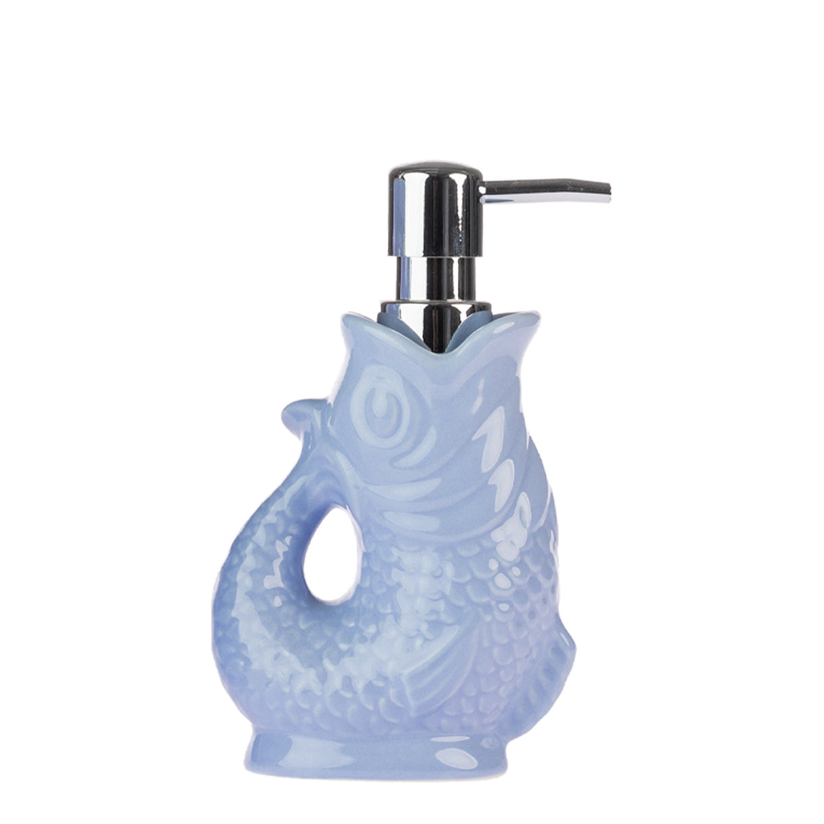 Design Republique Gone Fishing Ceramic Soap Dispenser in Soft Blue, featuring a glossy fish-shaped design with textured scales and a silver pump.