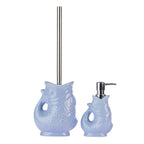 Design Republique Gone Fishing Ceramic Bathroom Set in Soft Blue, featuring a matching fish-shaped toilet brush holder and soap dispenser with glossy finishes and silver fittings.