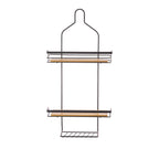 Black metal shower caddy featuring three storage tiers, natural bamboo shelf bases and a curved hanging hook for convenient bathroom organisation.