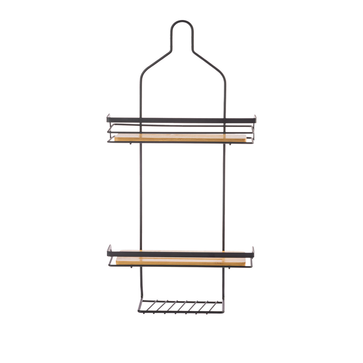 Black metal shower caddy featuring three storage tiers, natural bamboo shelf bases and a curved hanging hook for convenient bathroom organisation.