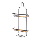 Design Republique Keita shower caddy shown from an angled view, highlighting its black metal frame, bamboo shelving and lower wire storage rack.