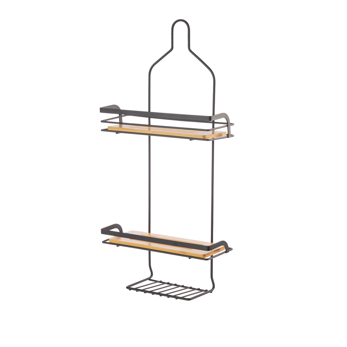 Design Republique Keita shower caddy shown from an angled view, highlighting its black metal frame, bamboo shelving and lower wire storage rack.