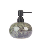 Design Republique Clara Fade Soap Dispenser in Green, featuring a rounded ceramic design with a mottled green and grey glazed finish and matte black pump.