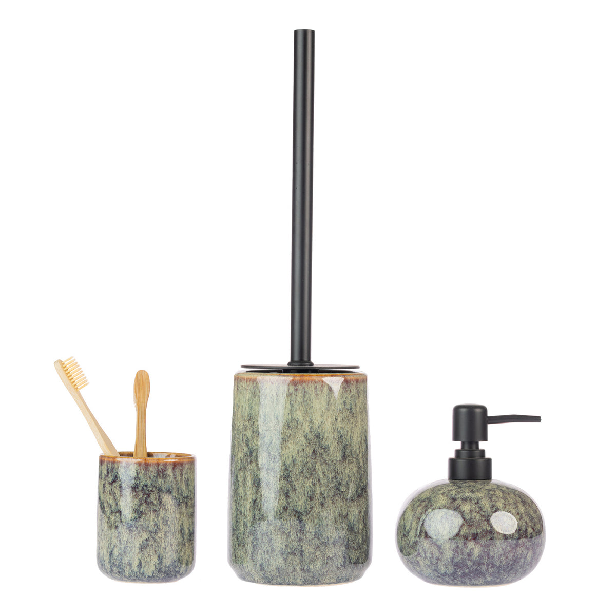 Design Republique Clara Fade Bathroom Collection in Green, featuring a matching tumbler, toilet brush holder and soap dispenser with mottled green and grey glazed finishes and matte black fittings.