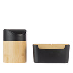 Black and bamboo mini waste bin displayed alongside a coordinating Keita storage box, showcasing the matching black and natural bamboo finishes.