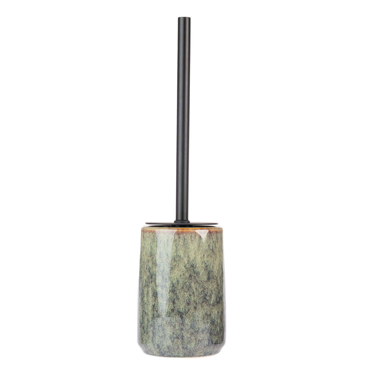 Design Republique Clara Fade Toilet Brush Holder in Green, featuring a cylindrical ceramic holder with a mottled green and grey glazed finish and a long matte black handle.