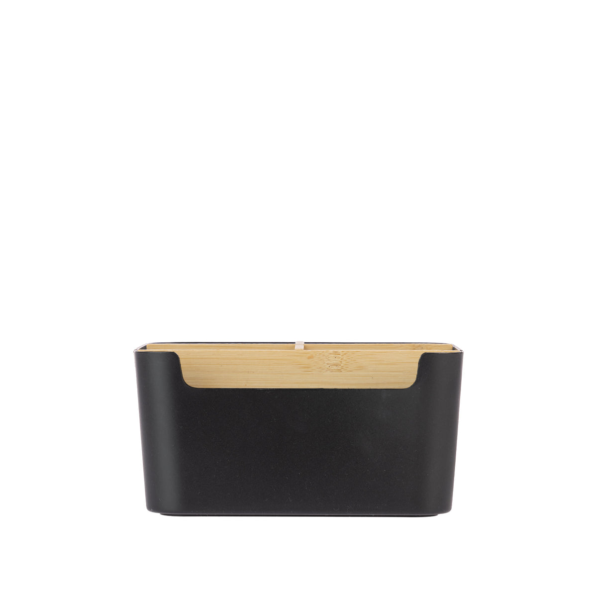 Black rectangular storage box featuring a smooth metal exterior, natural bamboo detailing and a modern minimalist design for organising everyday essentials.