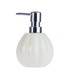 Gracious Living Greta Ceramic Soap Dispenser in Ivory, featuring a rounded ribbed ceramic design with a chrome pump on a white background.