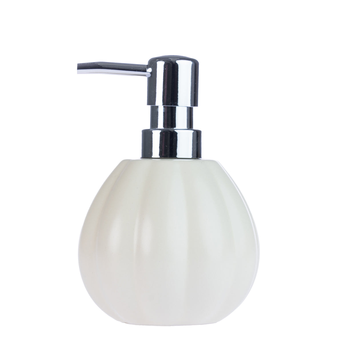 Gracious Living Greta Ceramic Soap Dispenser in Ivory, featuring a rounded ribbed ceramic design with a chrome pump on a white background.