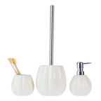 Gracious Living Greta Bathroom Accessories in Ivory, featuring a matching soap dispenser, tumbler and toilet brush holder with a soft ivory ribbed finish and chrome detailing.