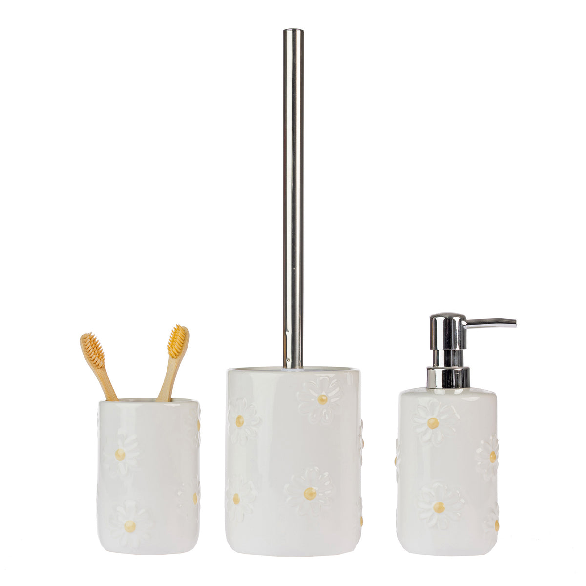 Marlo Daisy Bathroom Collection in Ivory, featuring a matching tumbler, toilet brush holder and soap dispenser with raised white daisy flowers, yellow centres and silver fittings.