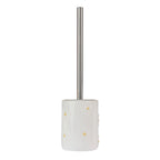 Marlo Daisy Ceramic Toilet Brush Holder in Ivory, featuring a glossy ceramic finish with raised white daisy flowers, soft yellow centres and a long silver handle.