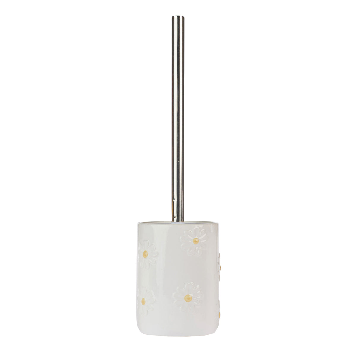 Marlo Daisy Ceramic Toilet Brush Holder in Ivory, featuring a glossy ceramic finish with raised white daisy flowers, soft yellow centres and a long silver handle.