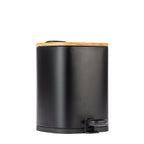 Home Co. Quinn Square 3L Bin in Black, featuring a bamboo-look lid and matching black foot pedal.